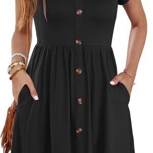 Women Summer Dresses Sleeveless Casual Loose Swing Button Down Midi Dress with P